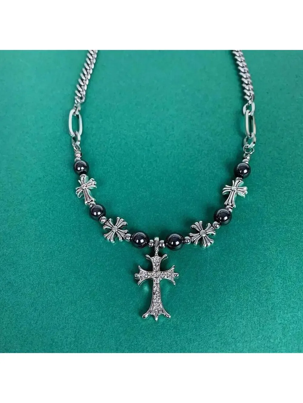 y2k 2000s style grunge chrome pearl rhinestone silver cross pendant Cuban link